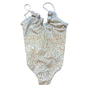Citrine One Piece Swimsuit Women White Tan Polka Dot Ruffle Excellent SIZE L